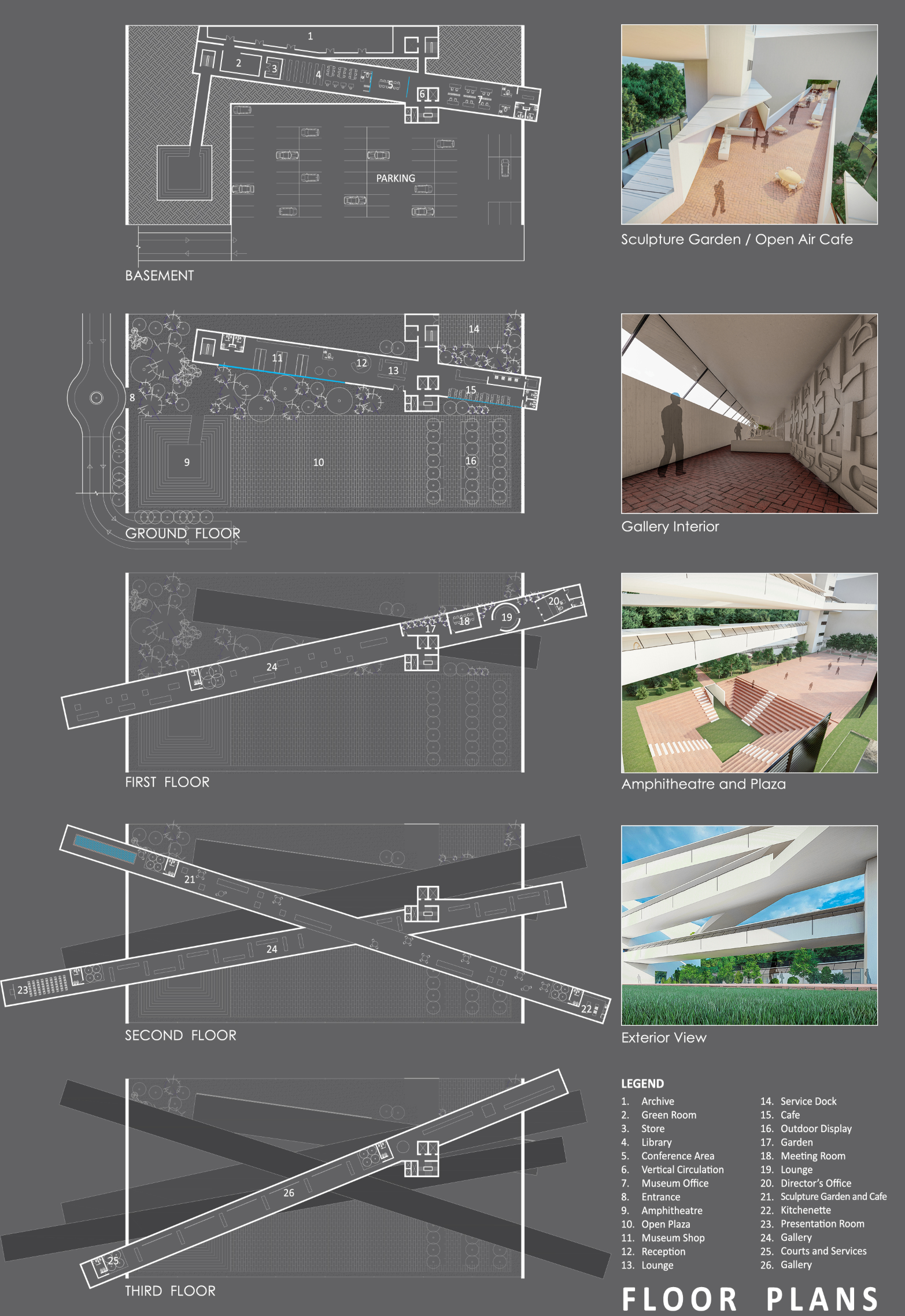A layered program integrating galleries, archives, plaza, amphitheatre, and public amenities into a cohesive cultural system.