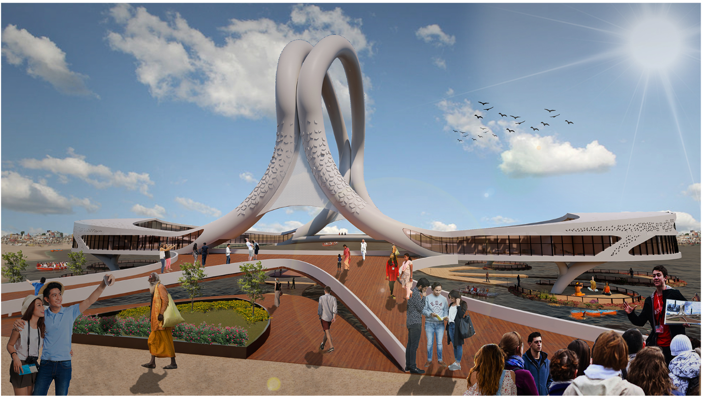 Ground-level view of the looping white structure with perforated surfaces and pedestrian bridges under a sunny sky