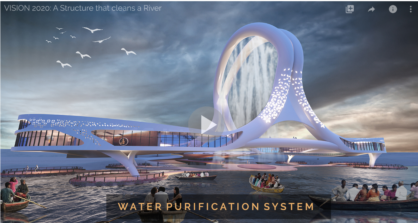 Rendering of the waterfront pavilion with arching forms and boats gathered along the river at dusk