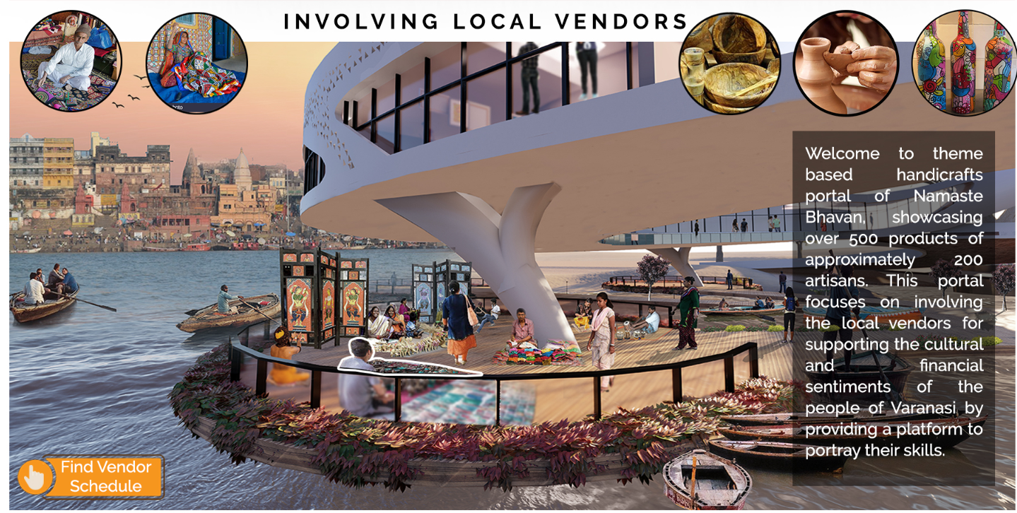 Riverfront plaza with circular vendor pavilions and pedestrian railing along the water at sunset