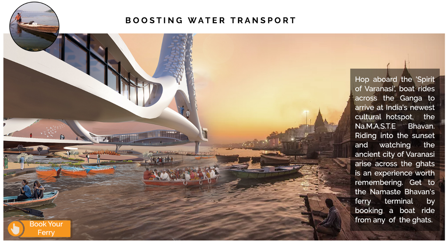 View of the curved white canopy sheltering tiered decks above boats moored along the river shoreline