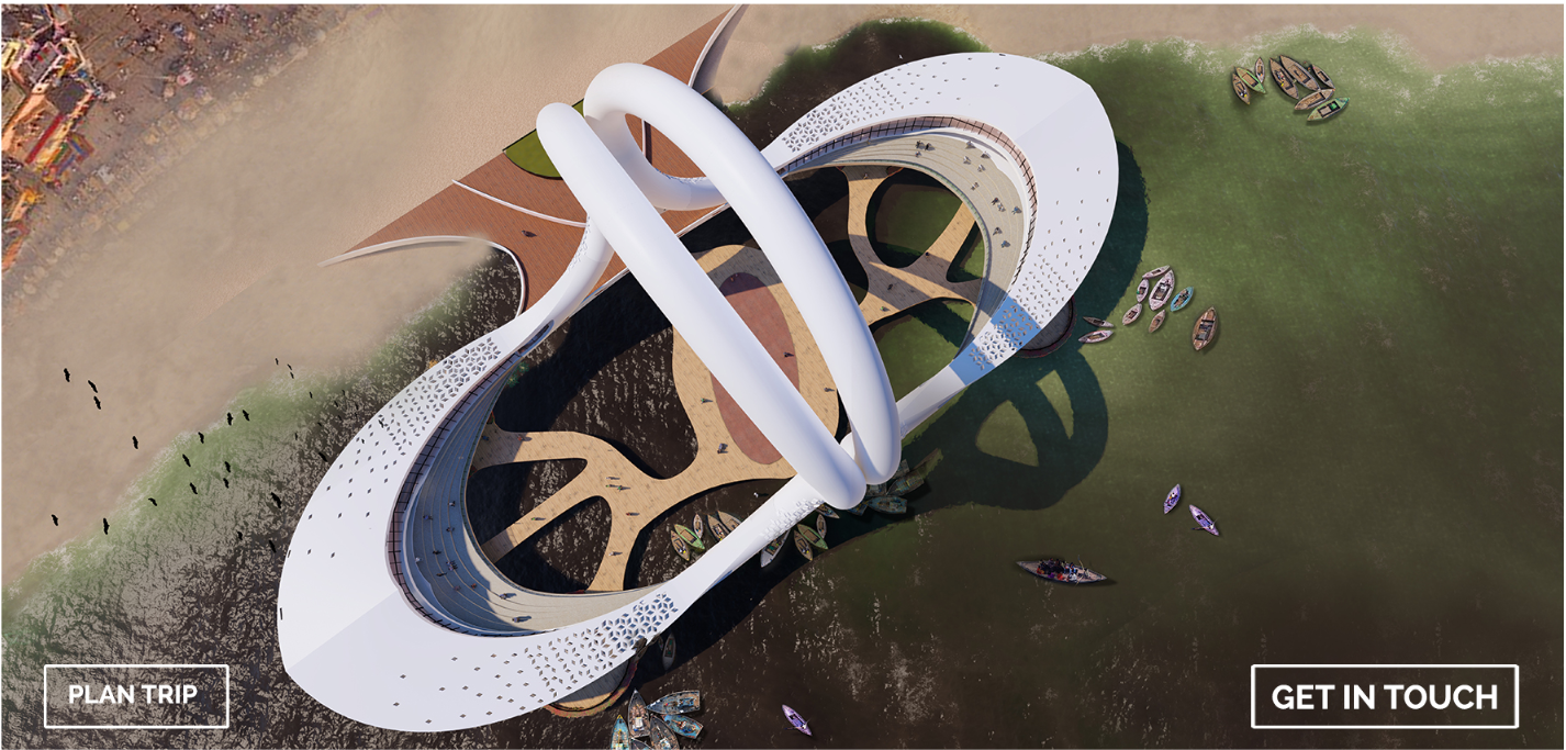 Aerial view of the intertwined white arches spanning between muddy shore and green river water