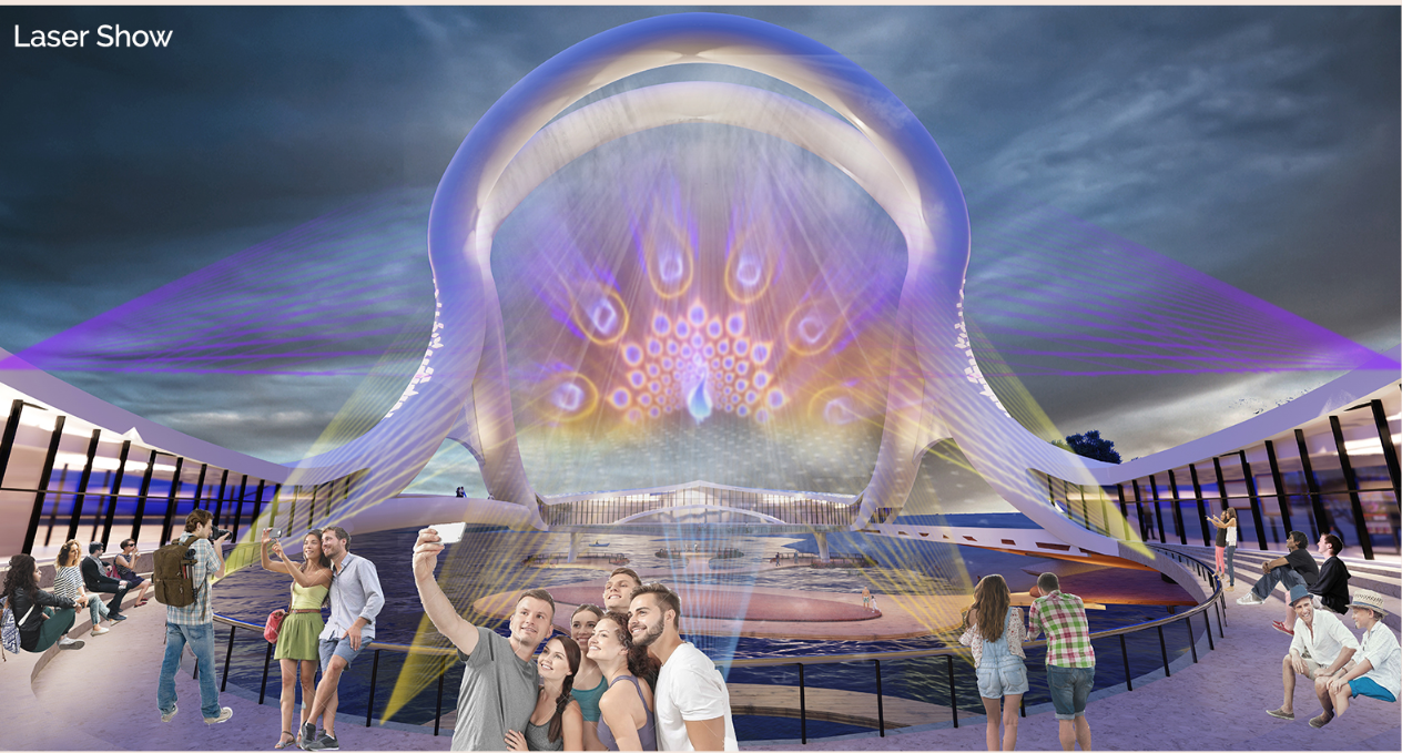 Rendering of a sculptural tensile shell structure illuminated with purple and orange laser projections at dusk
