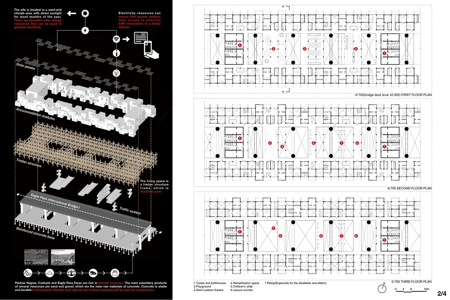 Exploded axonometric and floor plans illustrating the modular accommodation system layered over the international bridge.