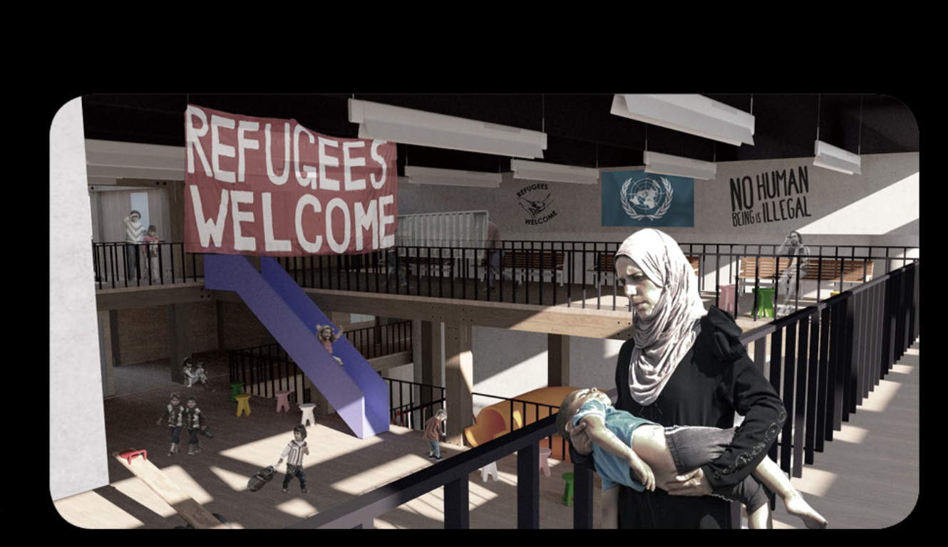 Interior view showing shared play and circulation spaces designed to support families and children within the temporary habitat.