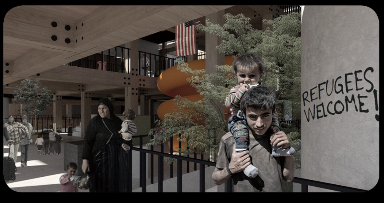 Communal corridor and living environment emphasizing safety, visibility, and everyday life for asylum-seeking families.