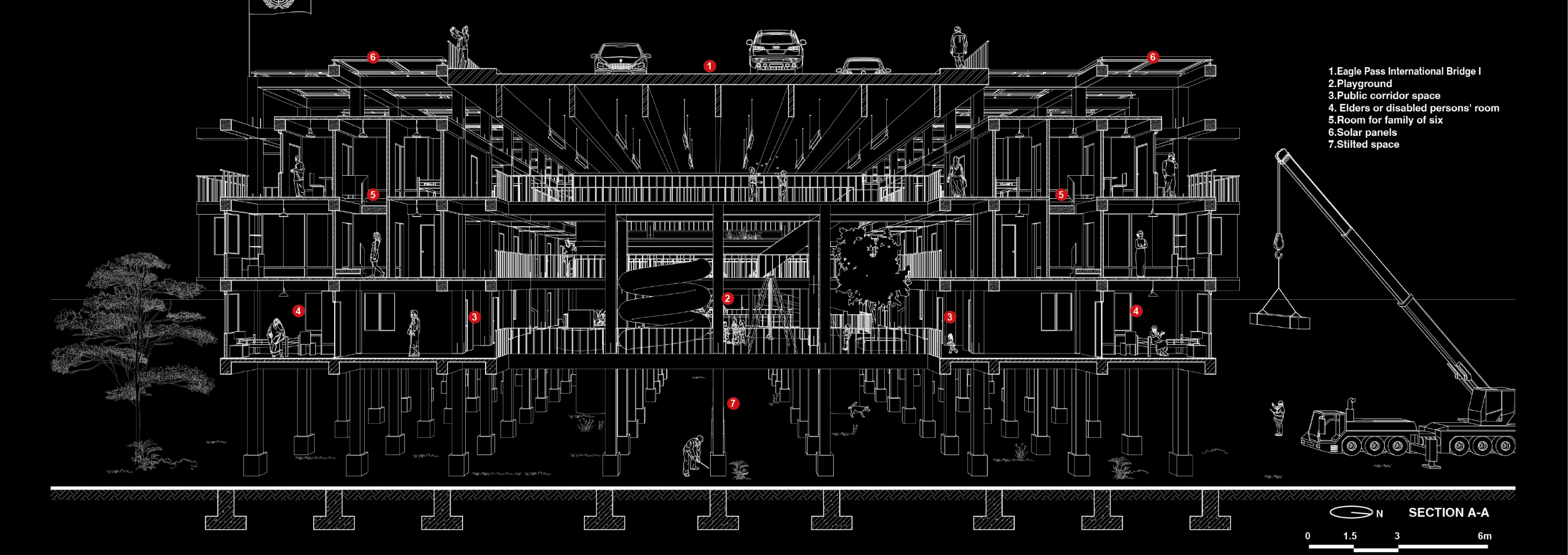 Longitudinal section revealing the integration of housing, public programs, and circulation within the bridge structure.