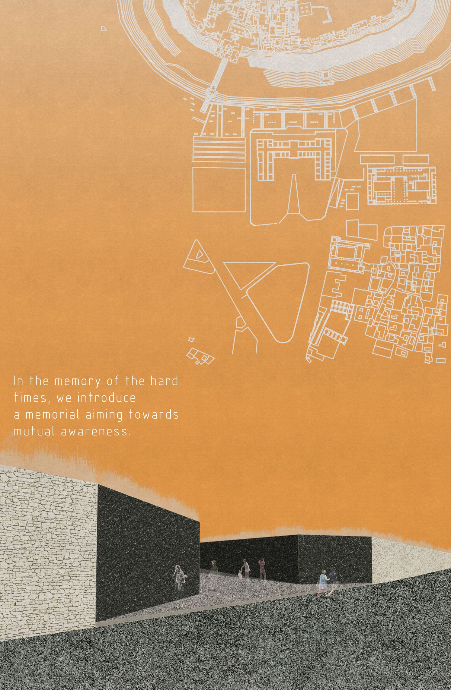 Composite drawing showing site plan and perspective rendering of a ramped memorial with visitors and textured walls