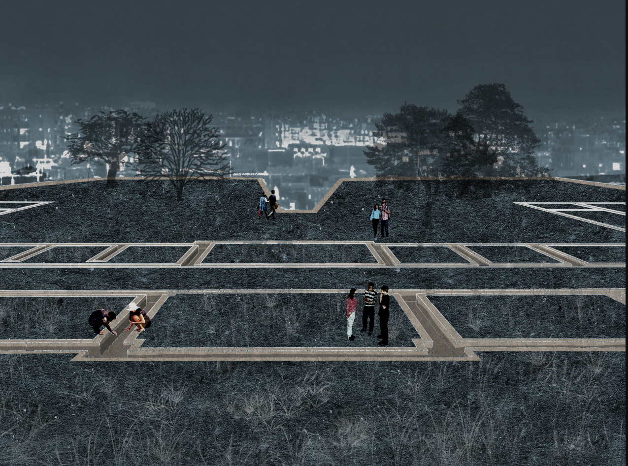 Terraced memorial landscape with timber-framed foundation outlines and visitors against a misty urban backdrop at twilight