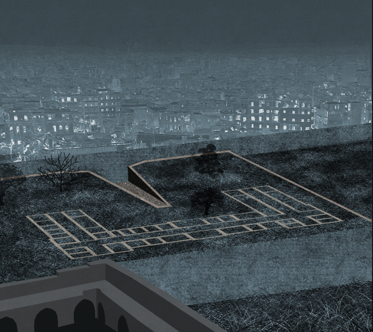 Elevated view of the stepped memorial plaza with geometric timber frames and a lone tree at nightfall