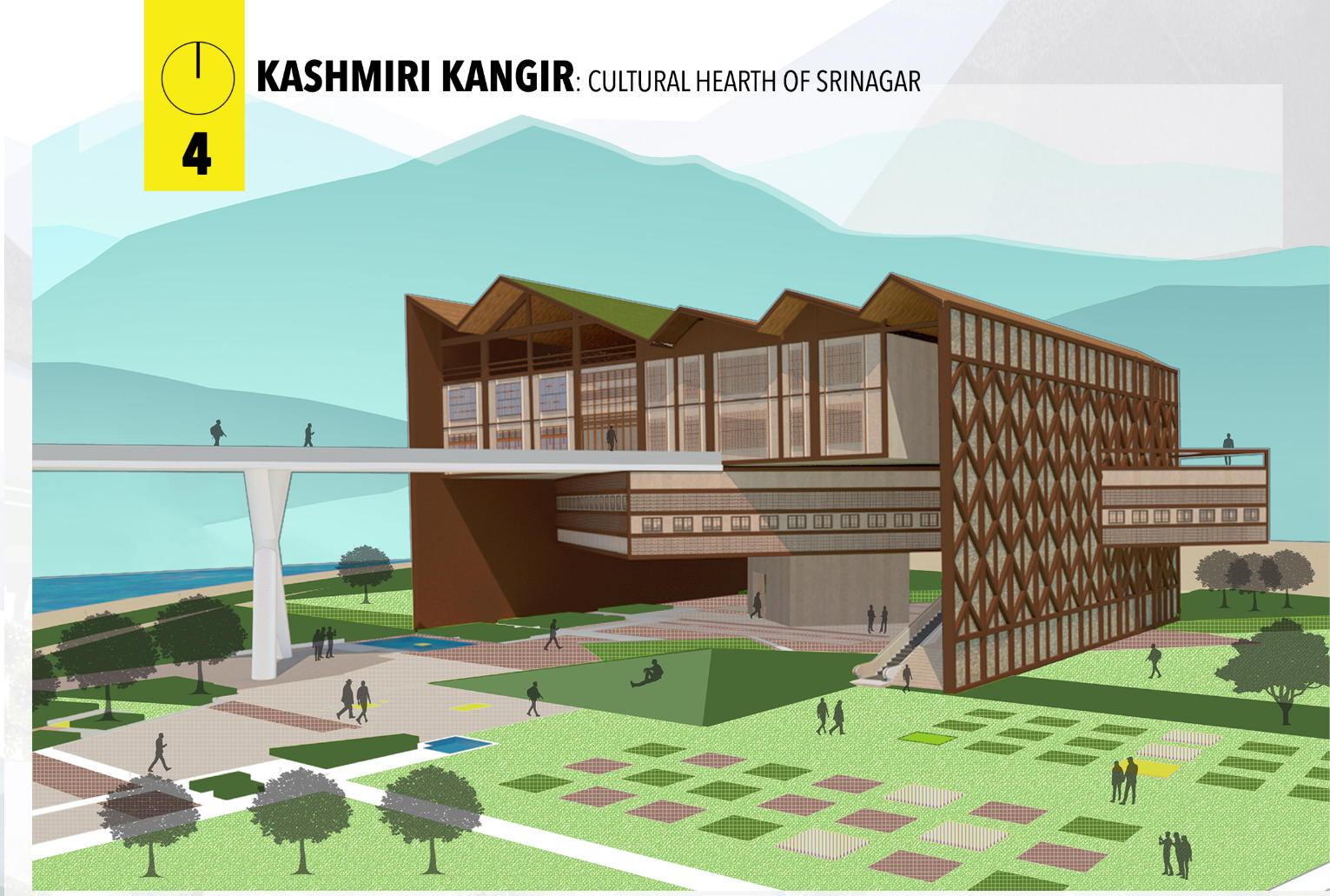Perspective view showing the elevated cultural centre blending with Kashmiri terrain and public green plazas.