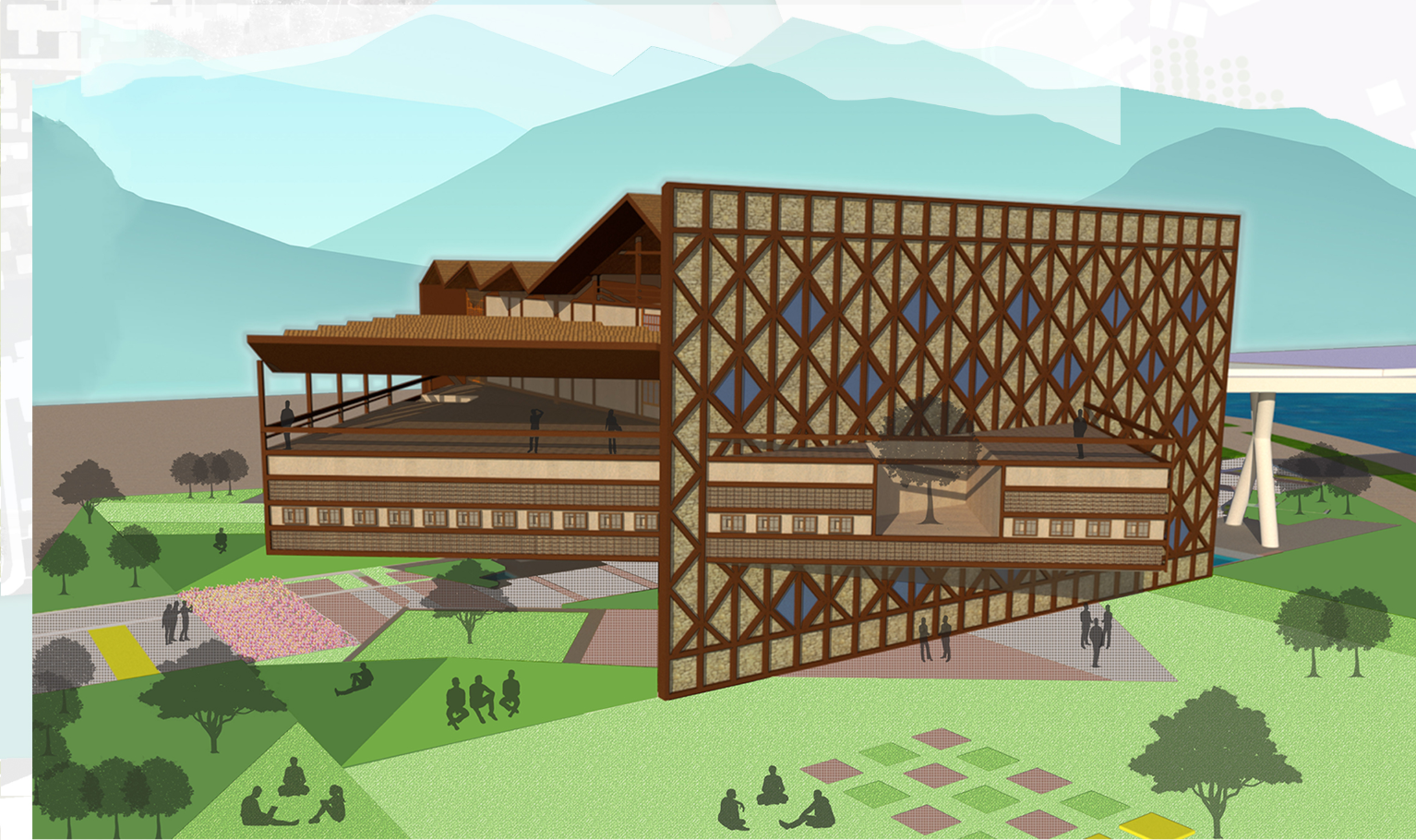 Exposed Dhajji Dewari framework wraps the structure, celebrating Srinagar’s traditional seismic-resistant craftsmanship.