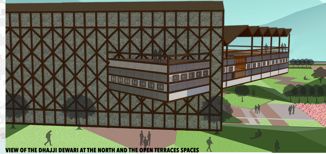North elevation showcasing the Dhajji Dewari skin and cantilevered terrace pods overlooking the public greens.