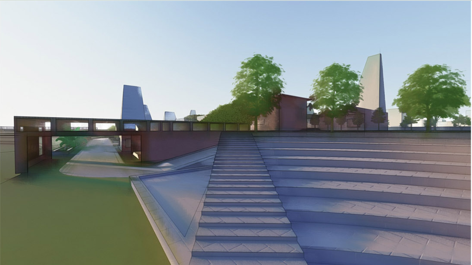 Stepwell-inspired amphitheater descending toward the lake, reinterpreting traditional water architecture as a social space.