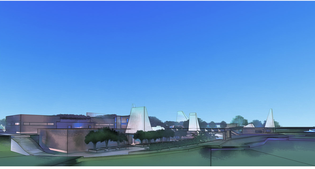 Lake-facing elevation expressing the rhythmic skyline of vernacular roof abstractions across the site.