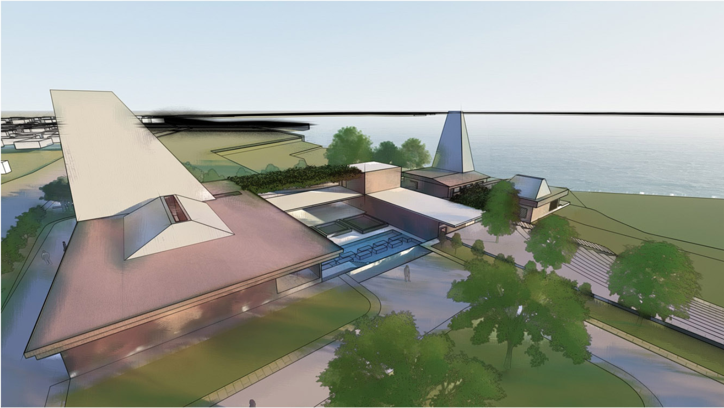 Central courtyard and circulation spine connecting cultural, literary, and public functions through open spaces.