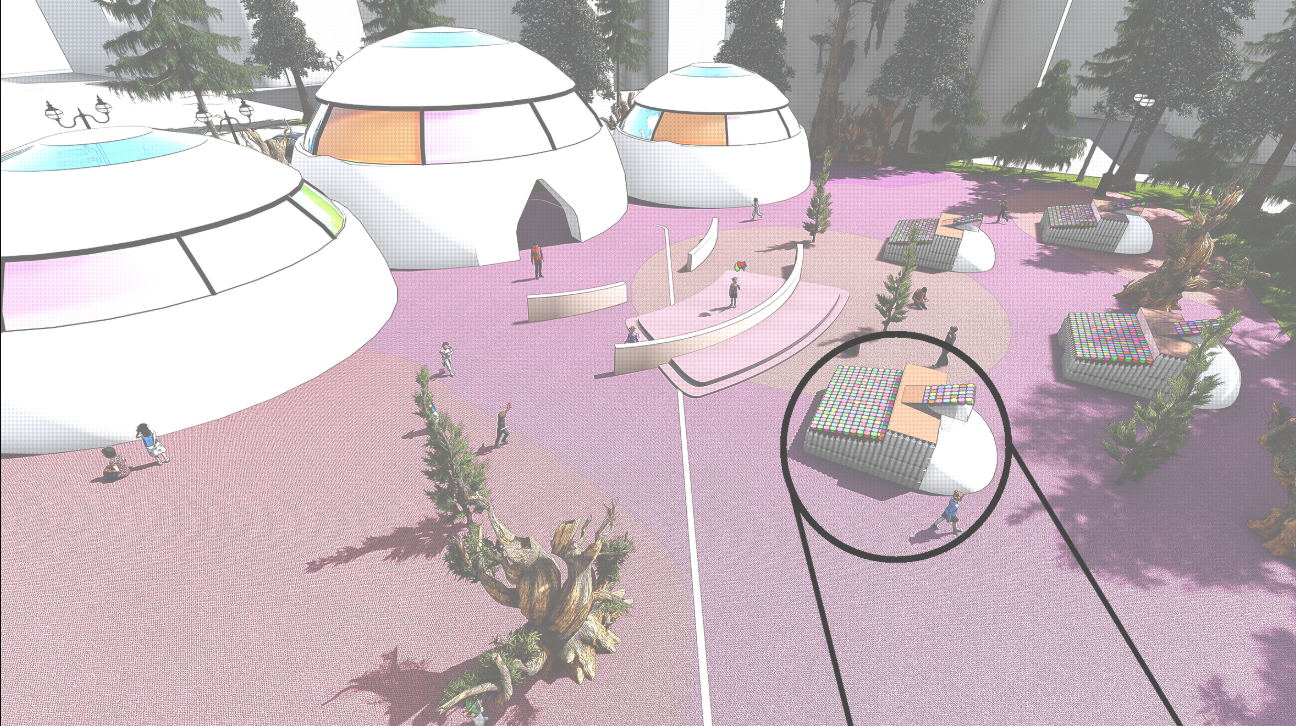 Sustainable play installations, built using wooden frames and recycled plastic bottles, reinforcing material reuse and hands-on interaction within the outdoor landscape.