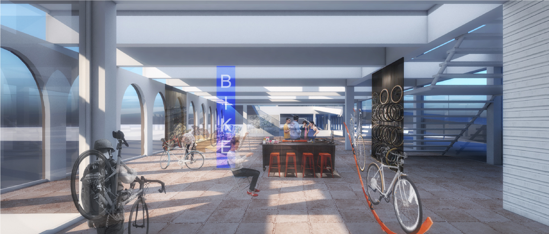 Interior corridor with parked bicycles, illuminated blue signage, and light filtering through white structural elements