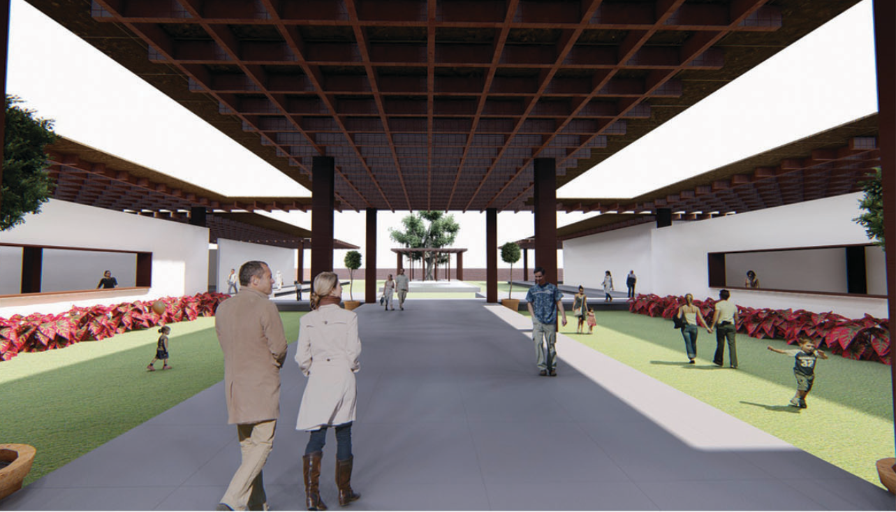 An open, timber-framed court creates a welcoming cultural spine within the campus.