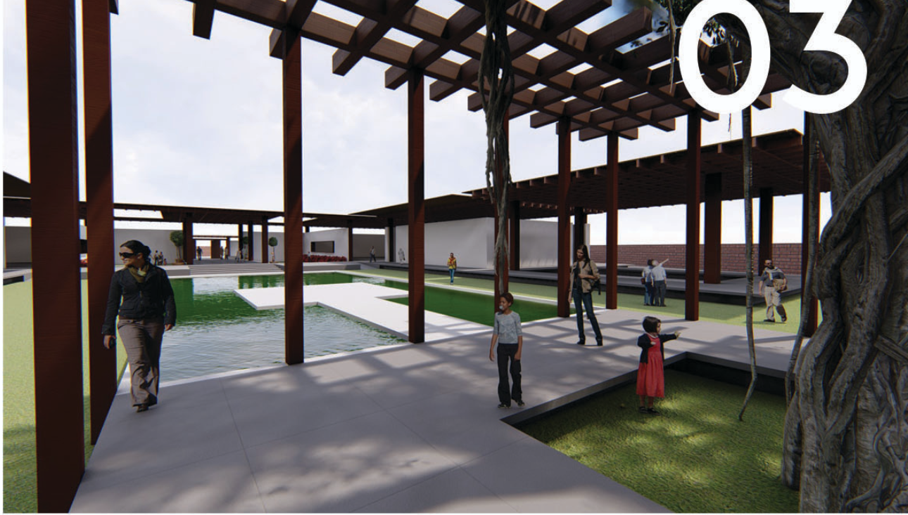 Shaded walkways lead visitors to a reflective water court anchored by the historic banyan tree.