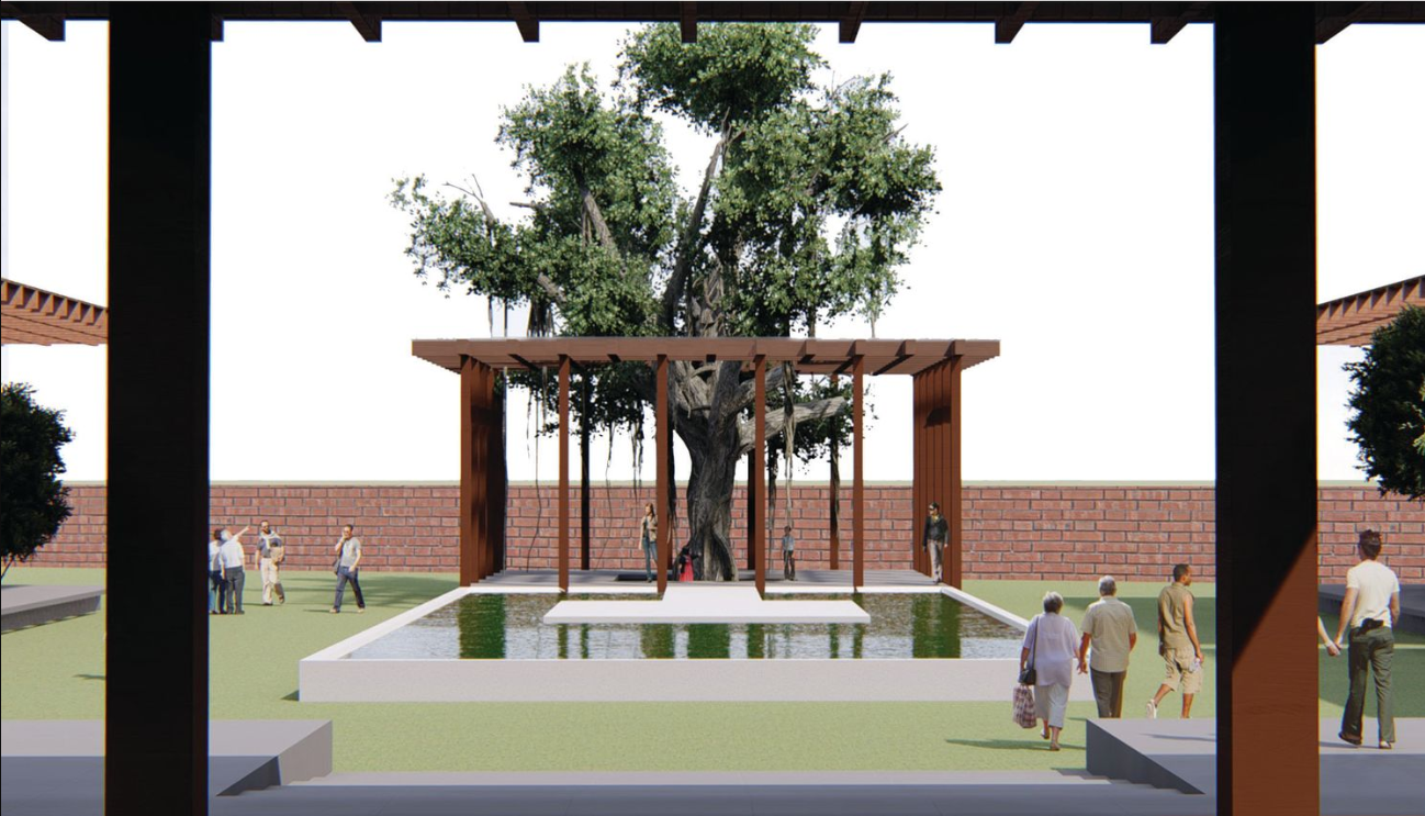 The banyan pavilion stands as the spiritual and spatial heart of the cultural campus.