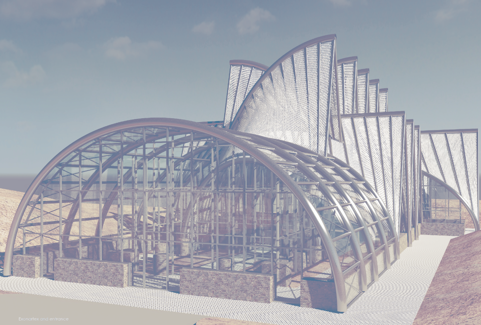 Exterior perspective highlighting the sweeping steel arches and transparent enclosure.