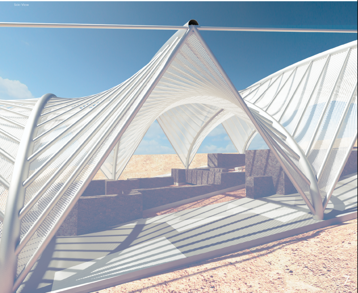 Side perspective revealing the tensile curvature and perforated mesh surfaces filtering light.