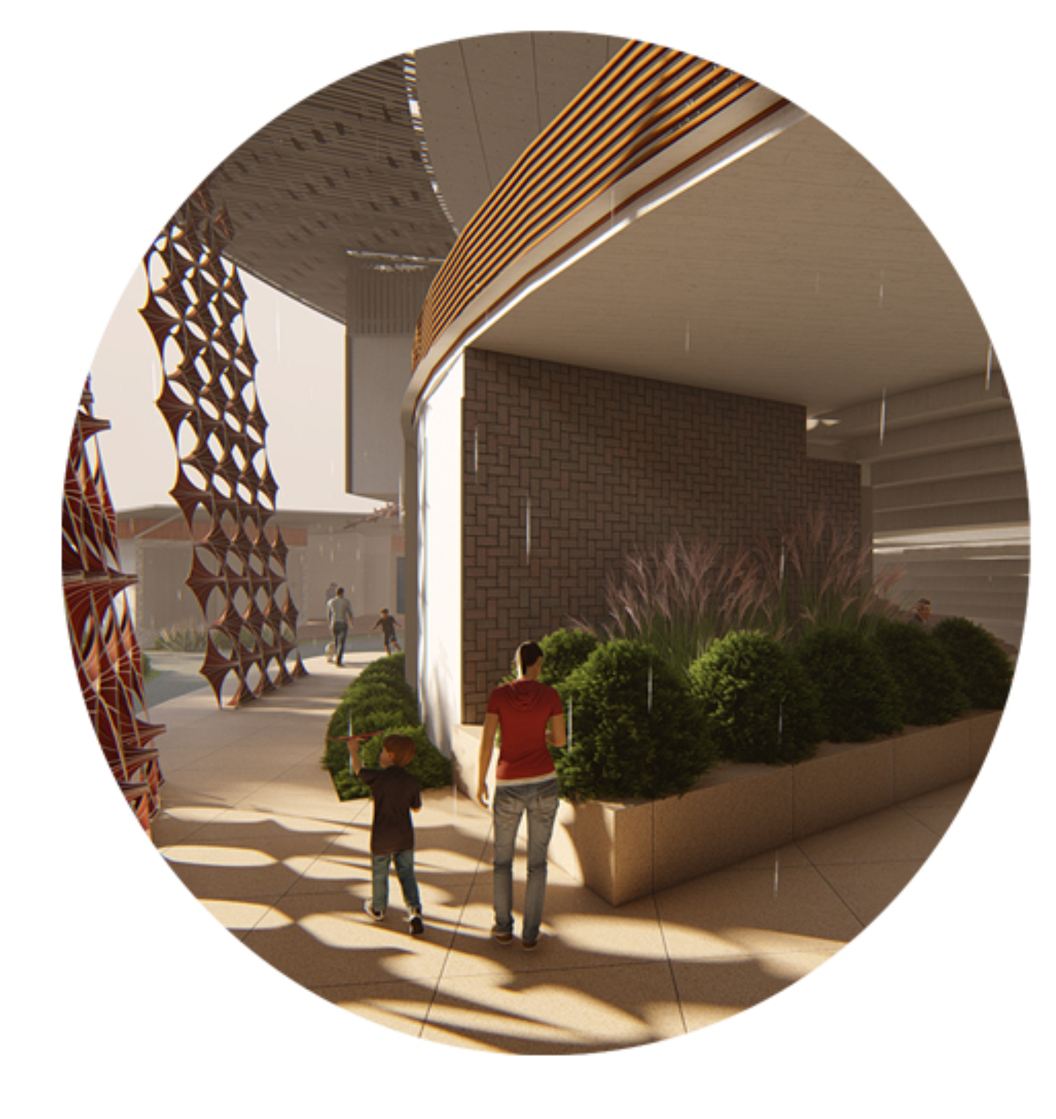 Shaded pedestrian corridor activating public movement within the Bharat Bhavan campus.