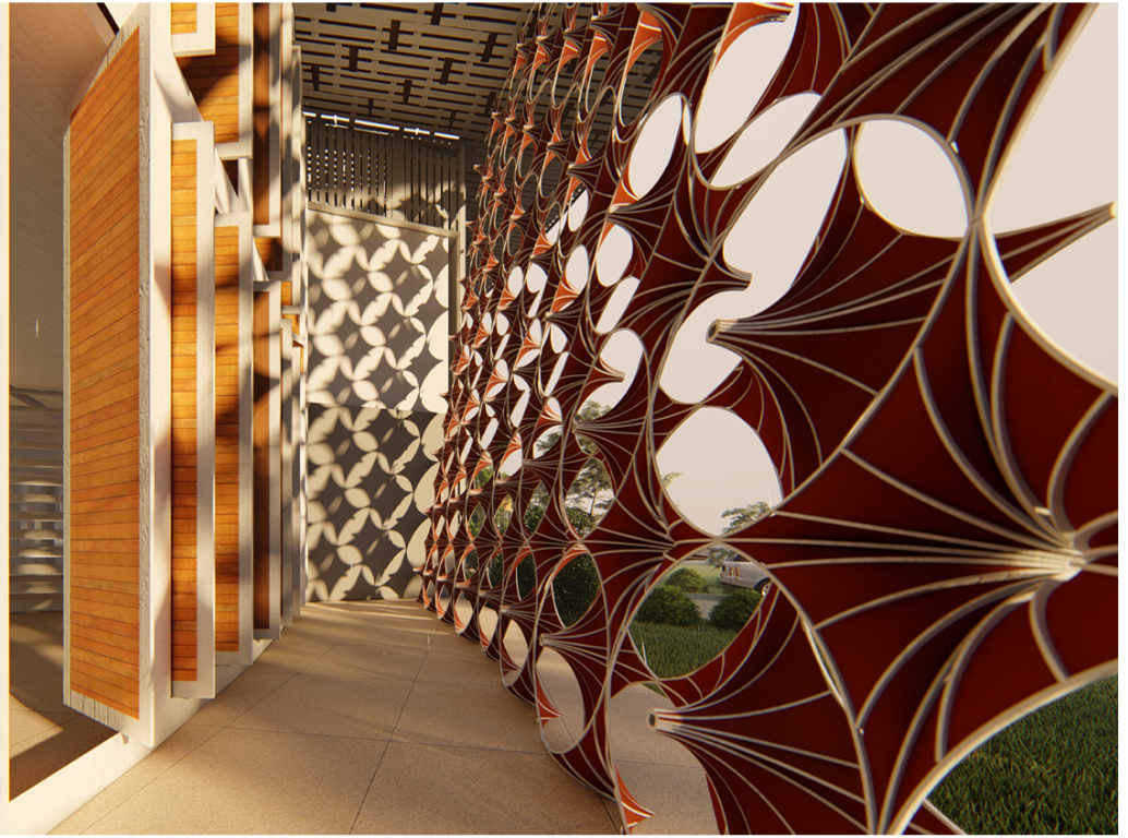 Curved façade articulation with vertical fins responding to climate and daylight.