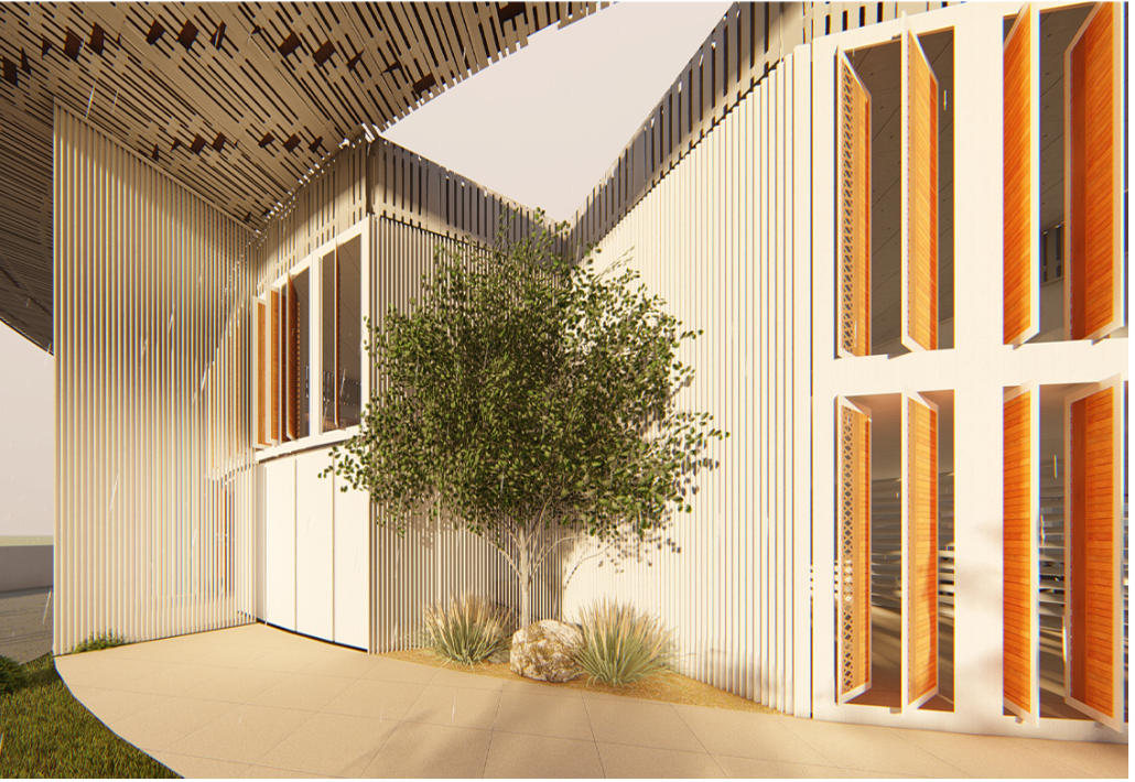 Dramatic roof overhang and patterned façade expressing the project’s rooted design language.