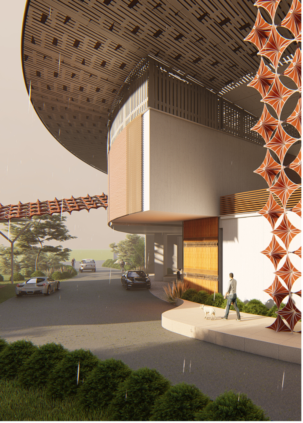 Vehicular arrival sequence beneath the floating canopy of the main cultural block.