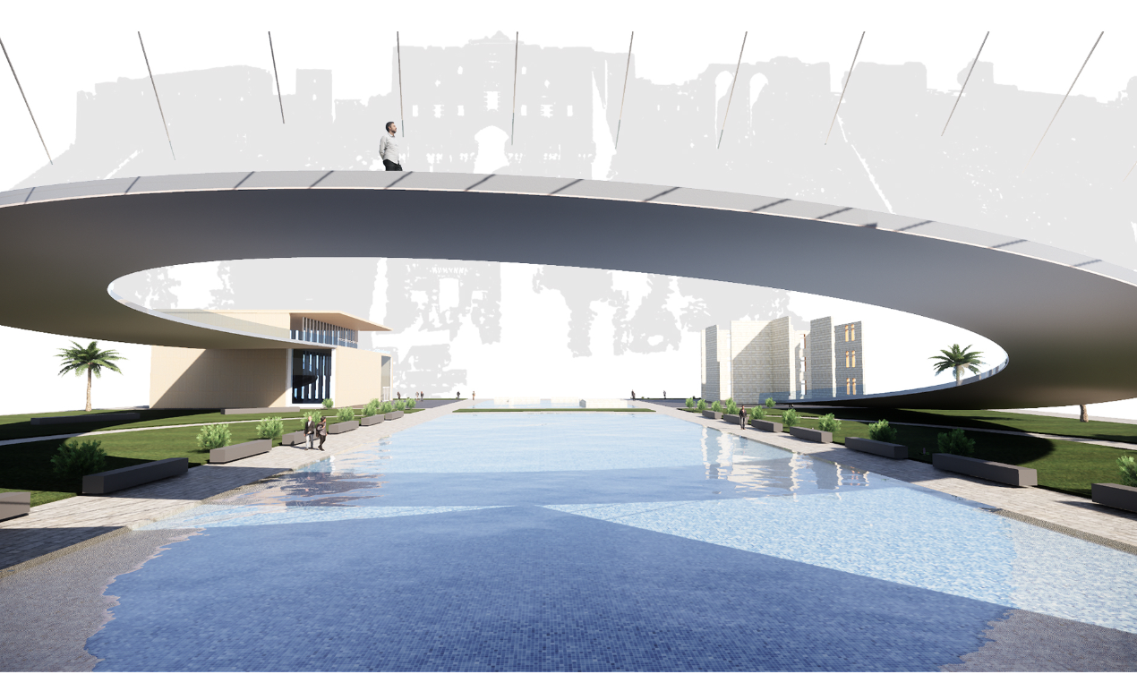 A sweeping pedestrian bridge frames the site, creating a serene passage between memory and renewal.