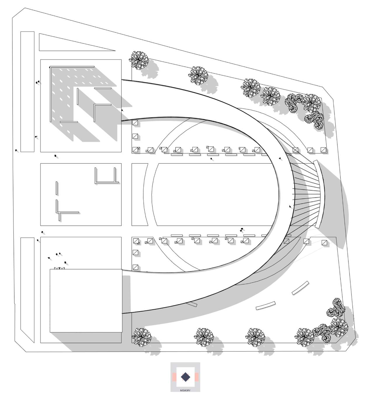 A clear site layout showing the circular bridge, museum, and preserved ruins in a unified spatial composition.