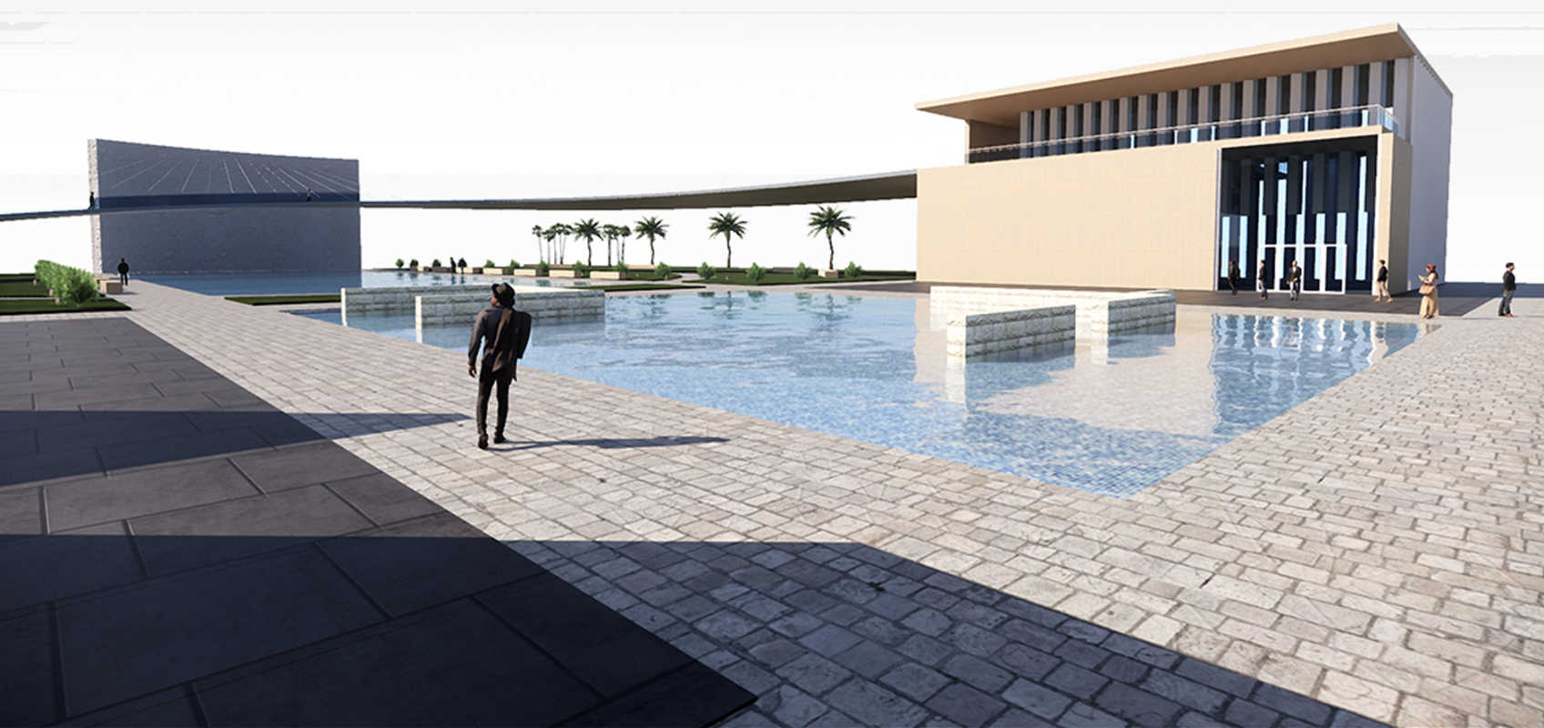 Visitors approach the museum through a tranquil water court that softens the site’s historic scars.