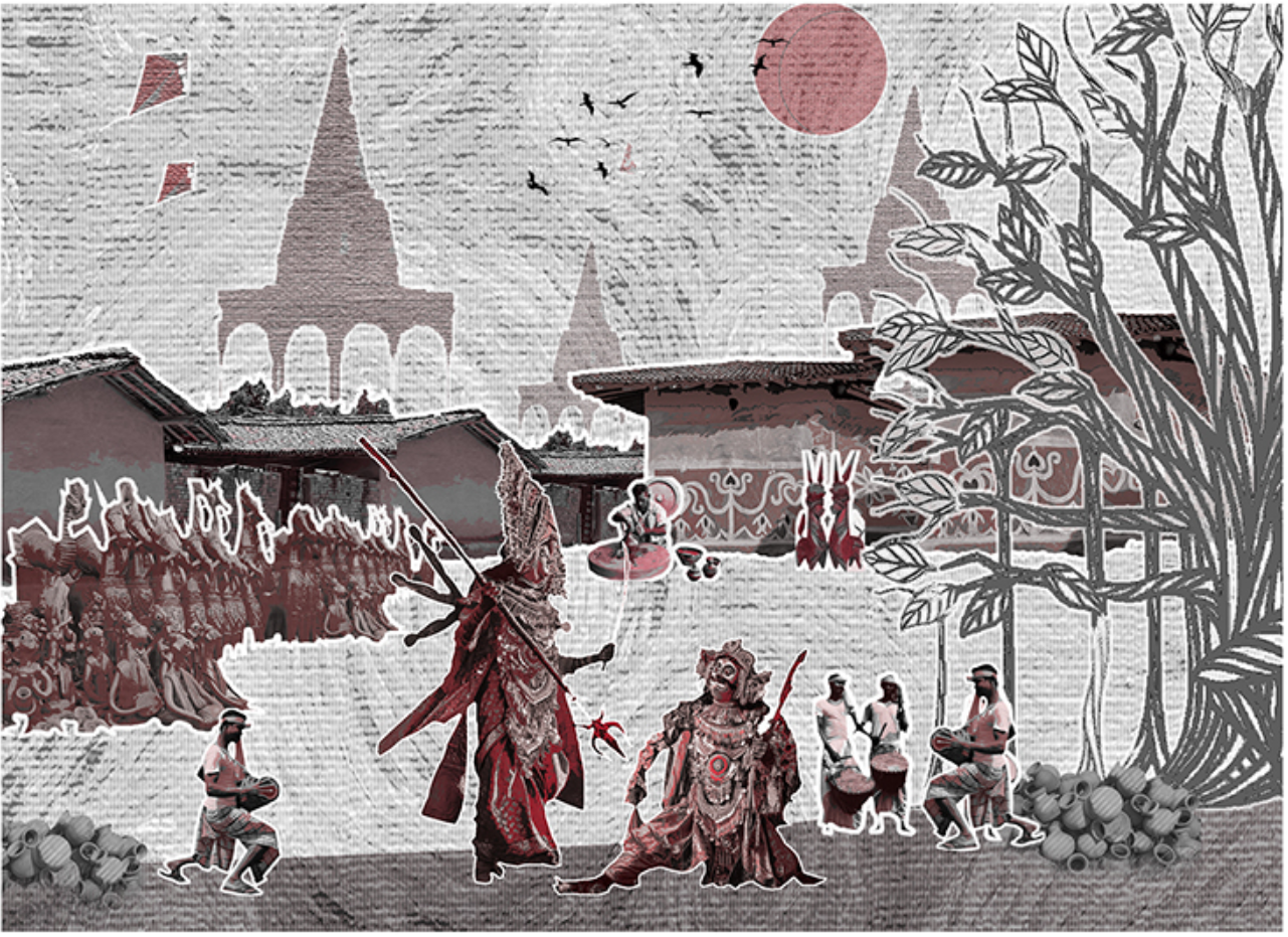 A visual collage celebrating Jharkhand’s tribal art, rituals, and cultural performances within a reimagined rural setting.