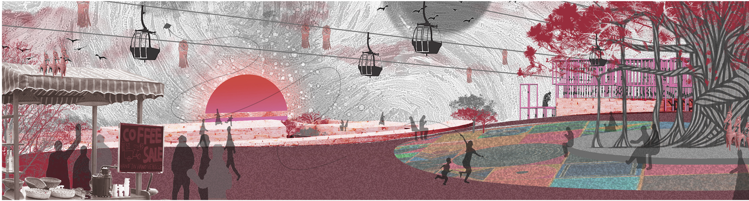 A vibrant public promenade framing the setting sun, with cable cars and shaded gathering spaces animating the landscape.