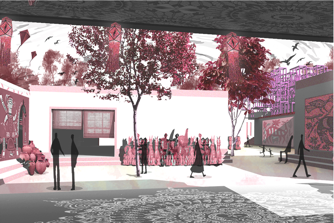 A semi-open courtyard exhibiting local crafts, pottery, and tribal arts, providing a community-focused interaction space.