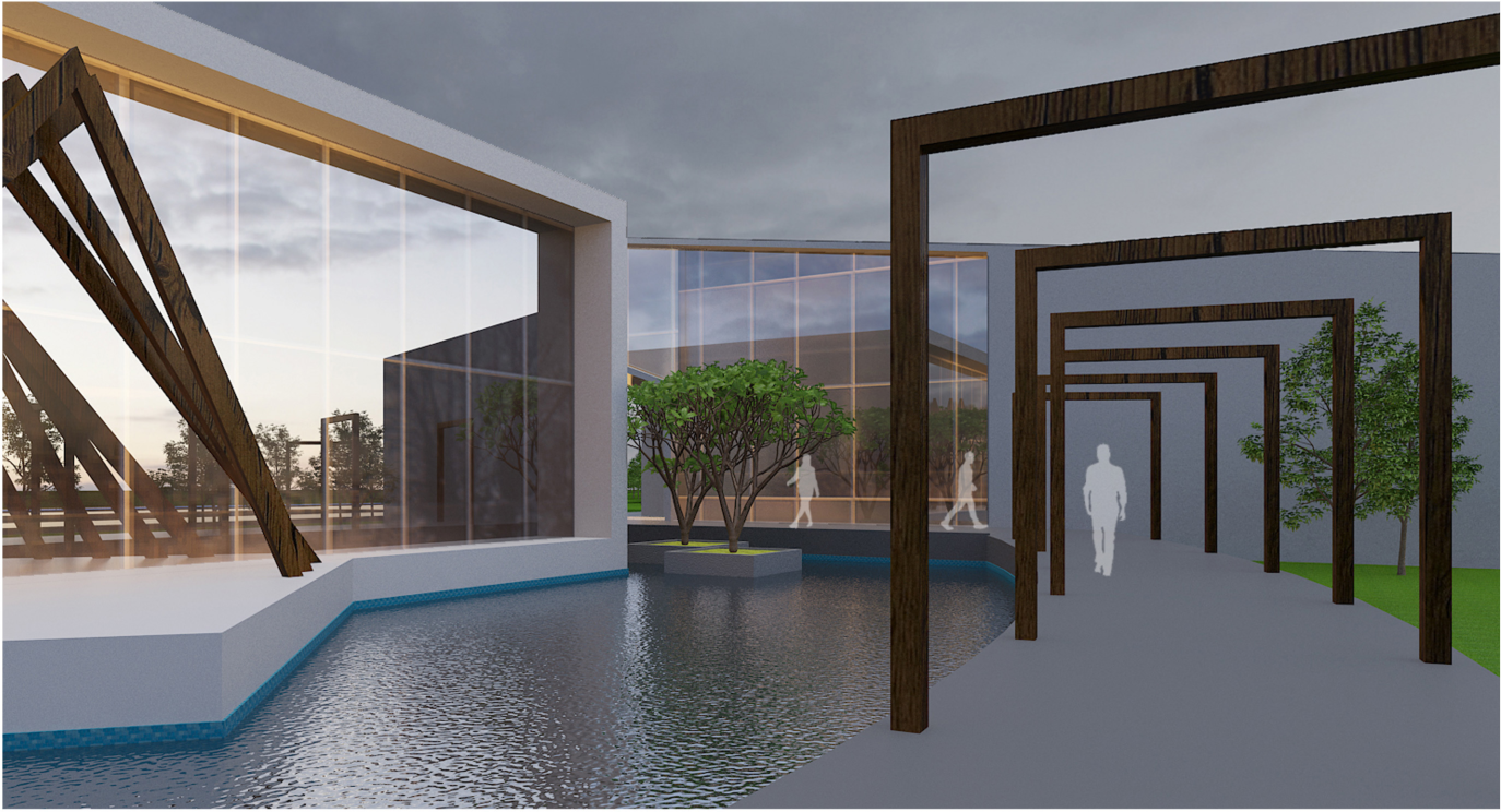 A linear walkway with wooden frames leading toward the auditorium, enhancing spatial rhythm and visual depth.