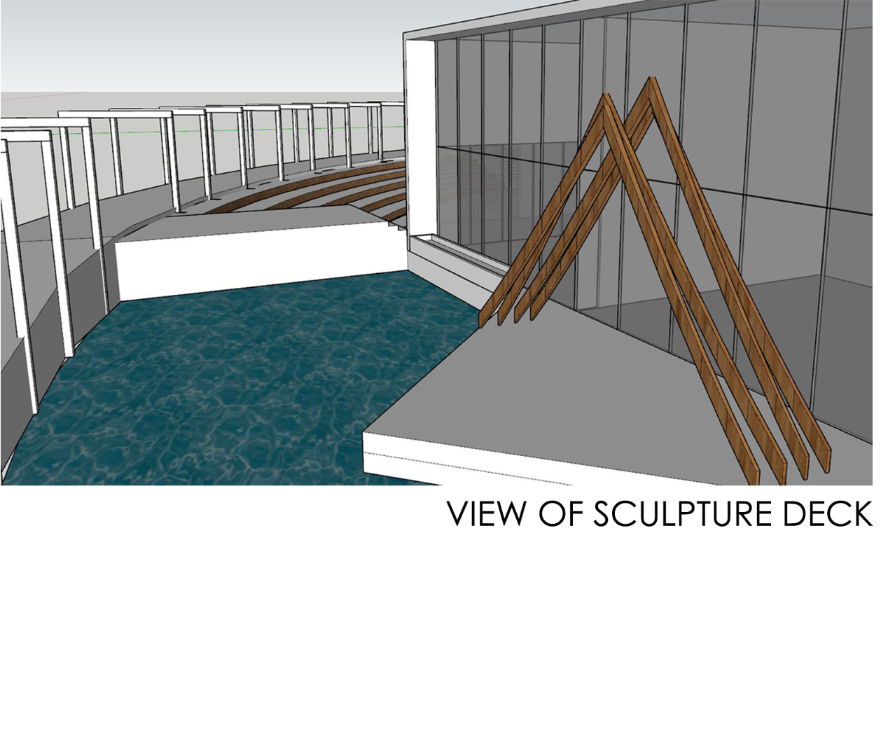 A minimal sculpture deck overlooking water, featuring angular timber elements that echo traditional geometric motifs.