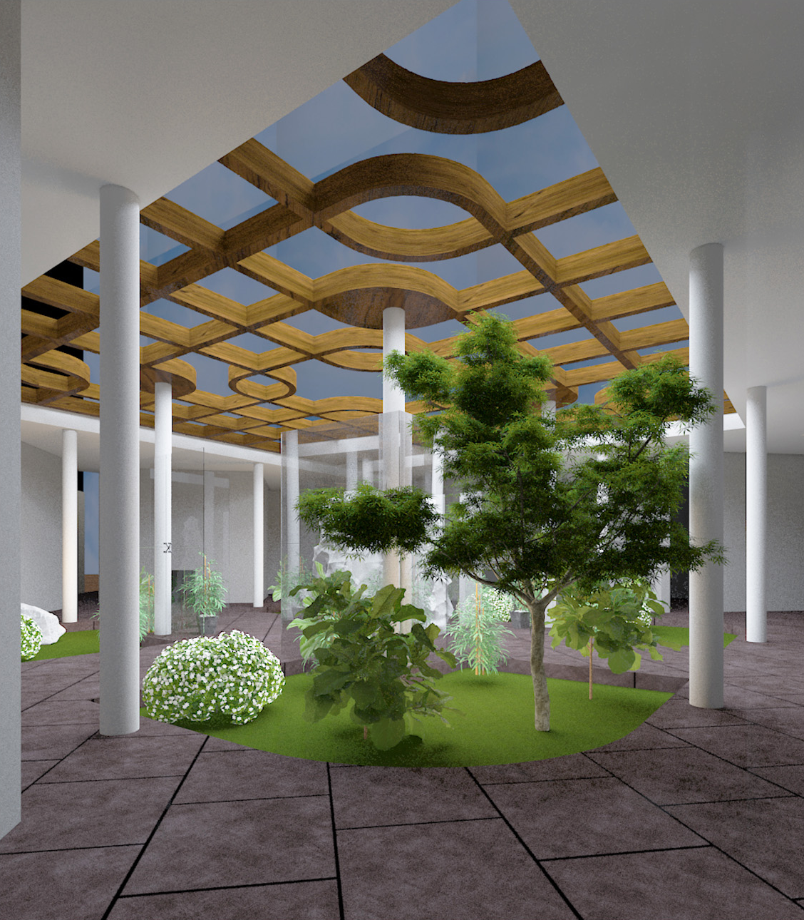 A vibrant courtyard with a patterned trellis roof and dense planting, creating a serene central gathering space.