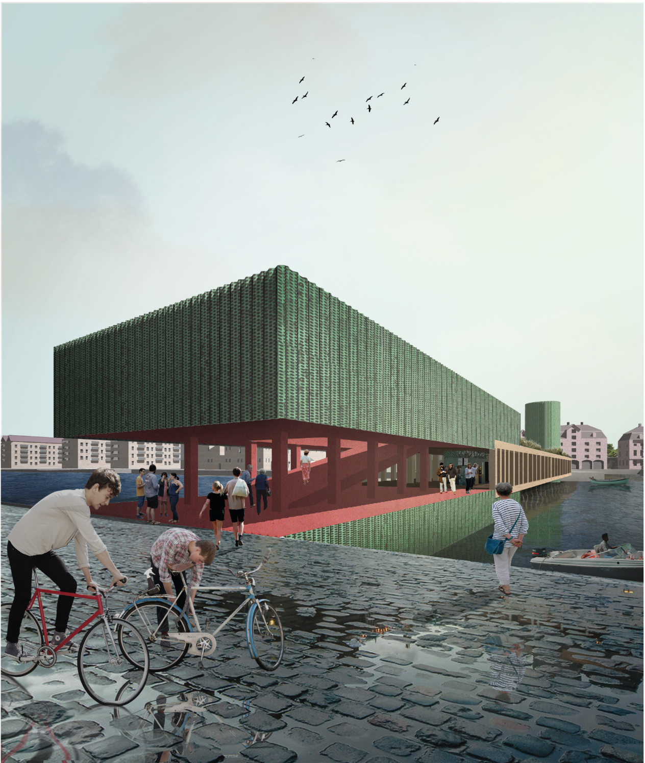 Urban street-like experience on the bridge, where cycling, walking, and social interaction coexist within a continuous kinetic crossing.