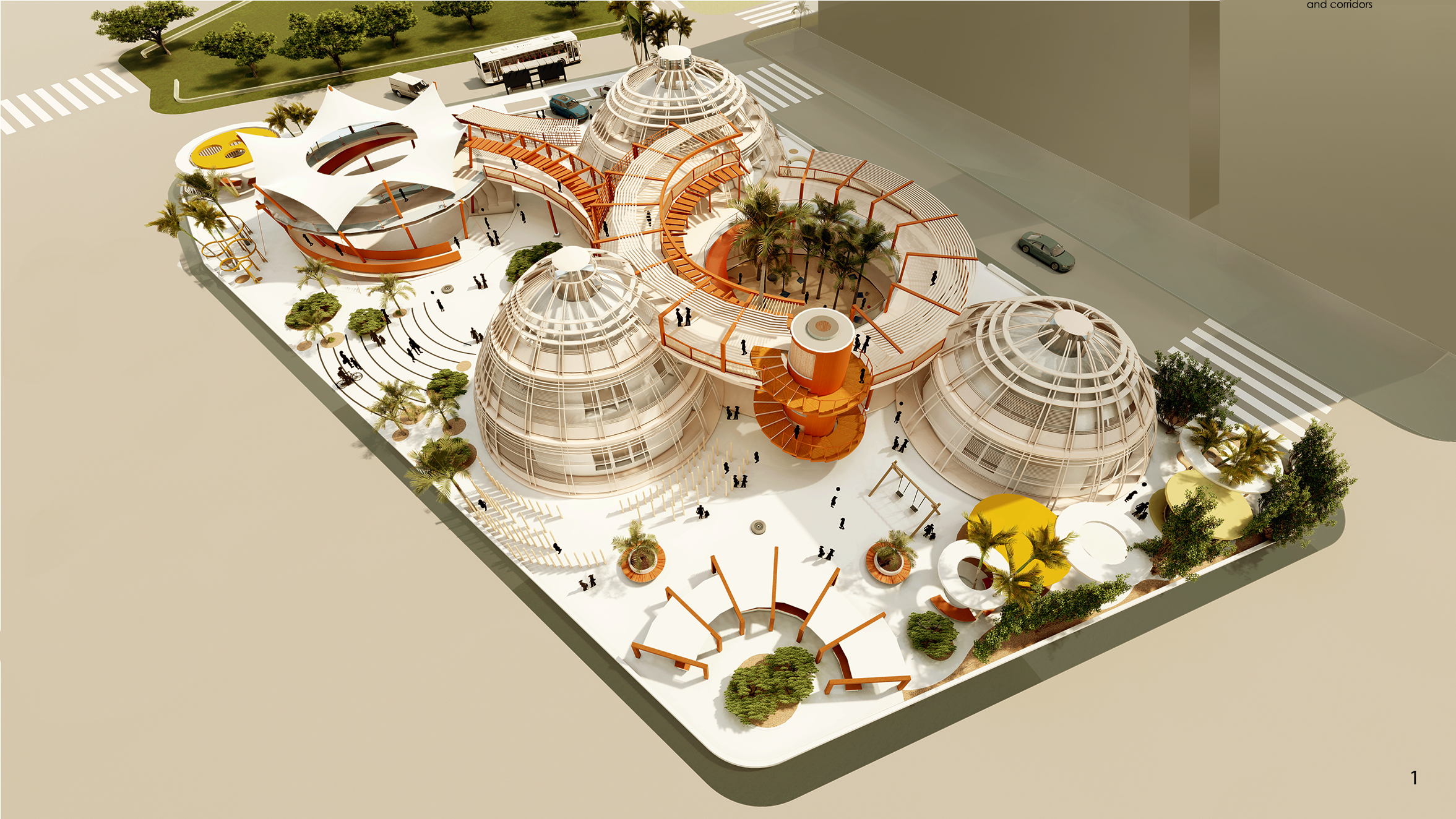 Aerial view of a physical model showing clustered dome structures, public plazas, and landscaped courtyards with pedestrian circulation