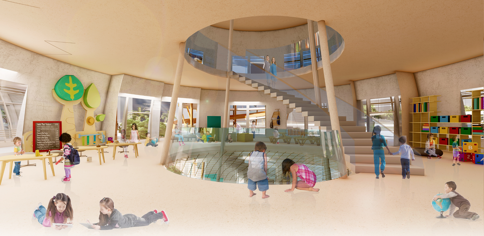 Interior view of a circular atrium with a helical staircase, glass guardrails, and children playing below on a carpeted floor