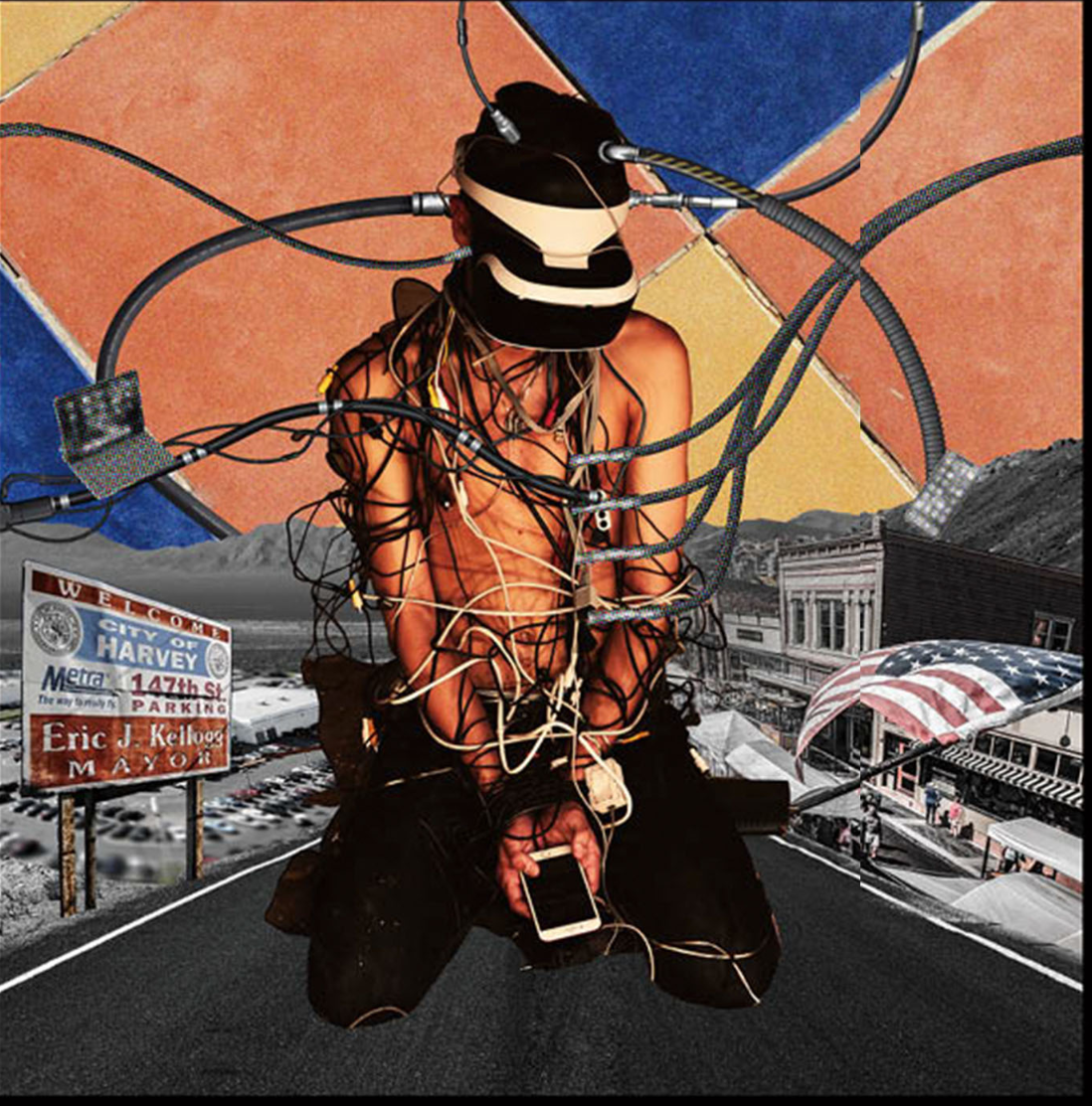 A speculative portrait of the future consumer, fully wired into immersive VR systems where digital worlds replace physical retail.