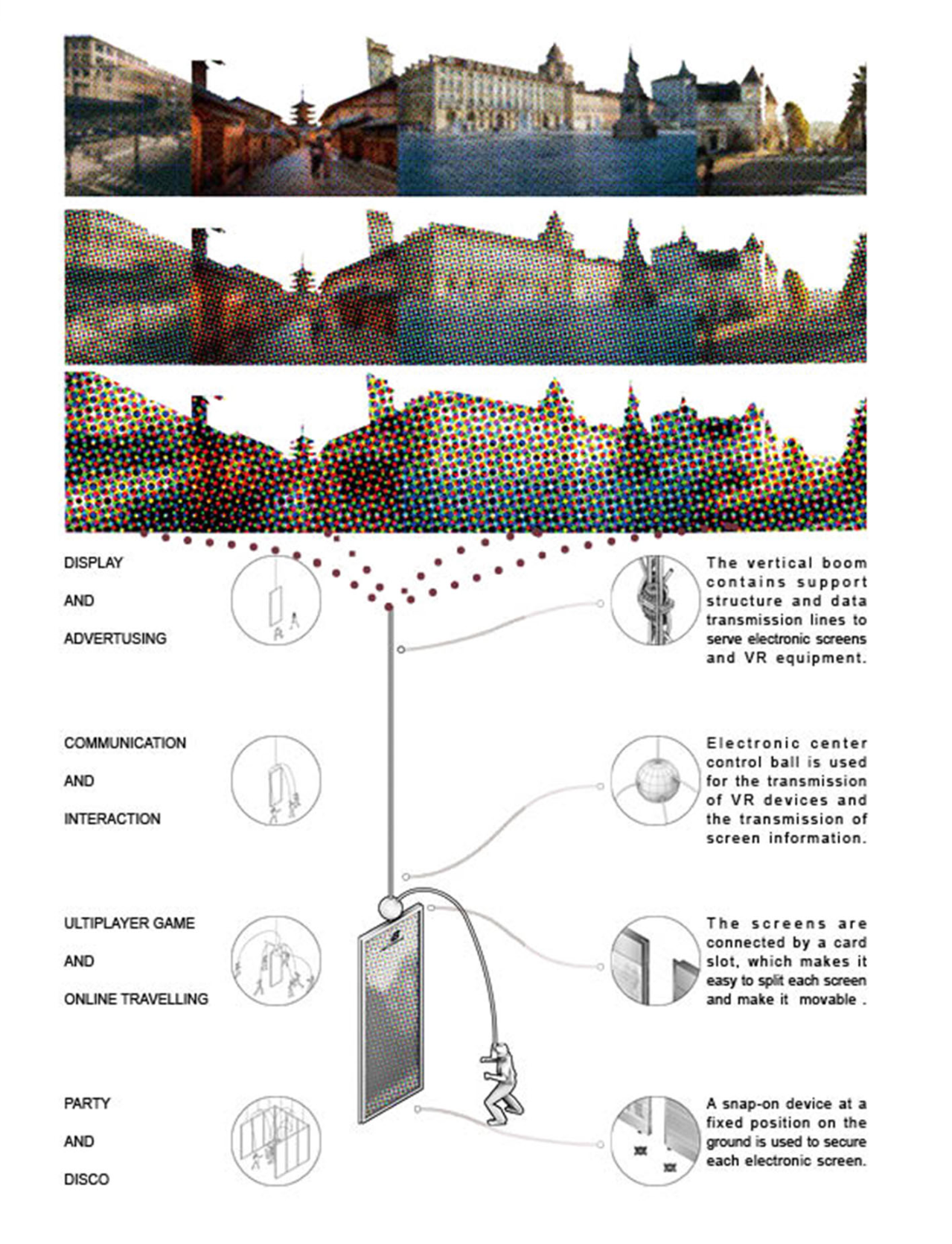 A modular screen and data-transmission system that transforms advertising, communication, gaming, and social interaction into immersive VR gateways.