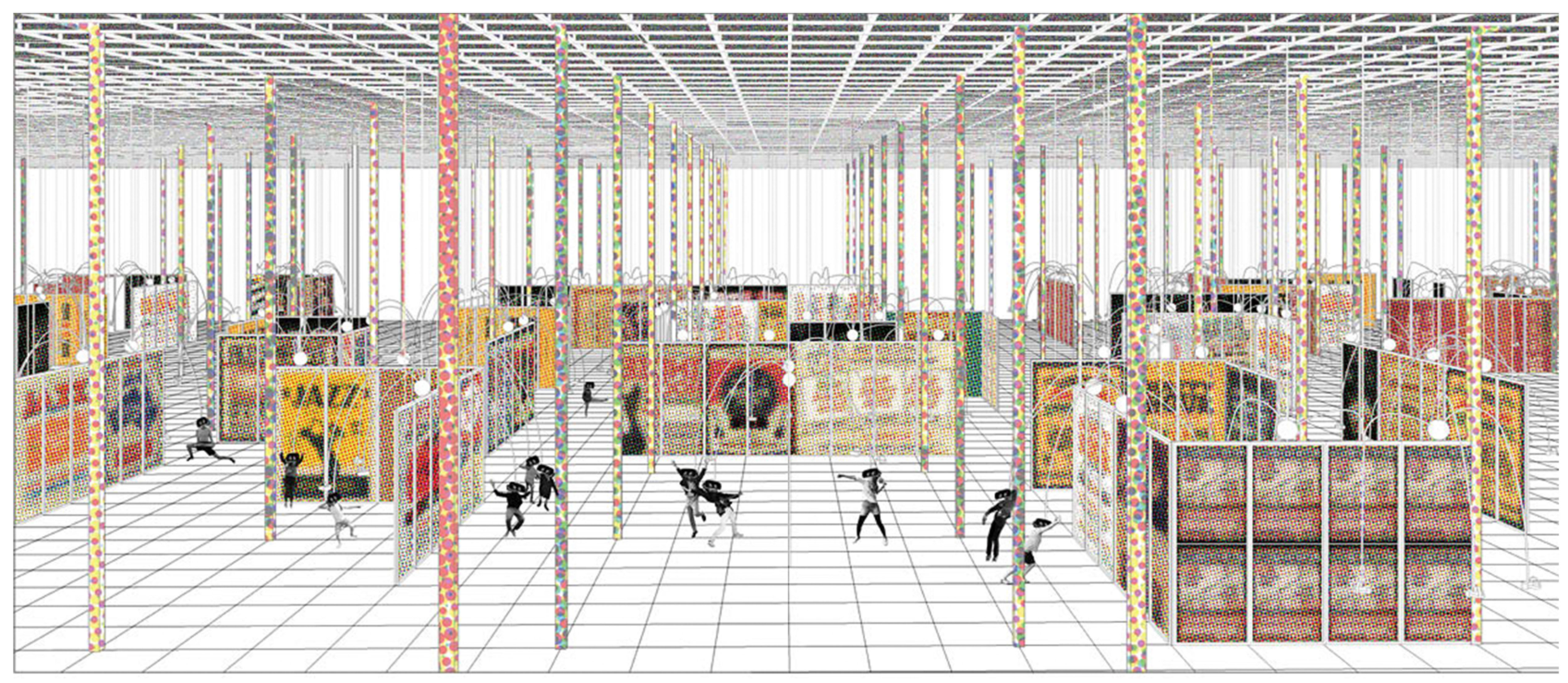 A vast programmable retail grid where pixelated screens and modular partitions form experiential pathways, inviting users to enter curated VR worlds.