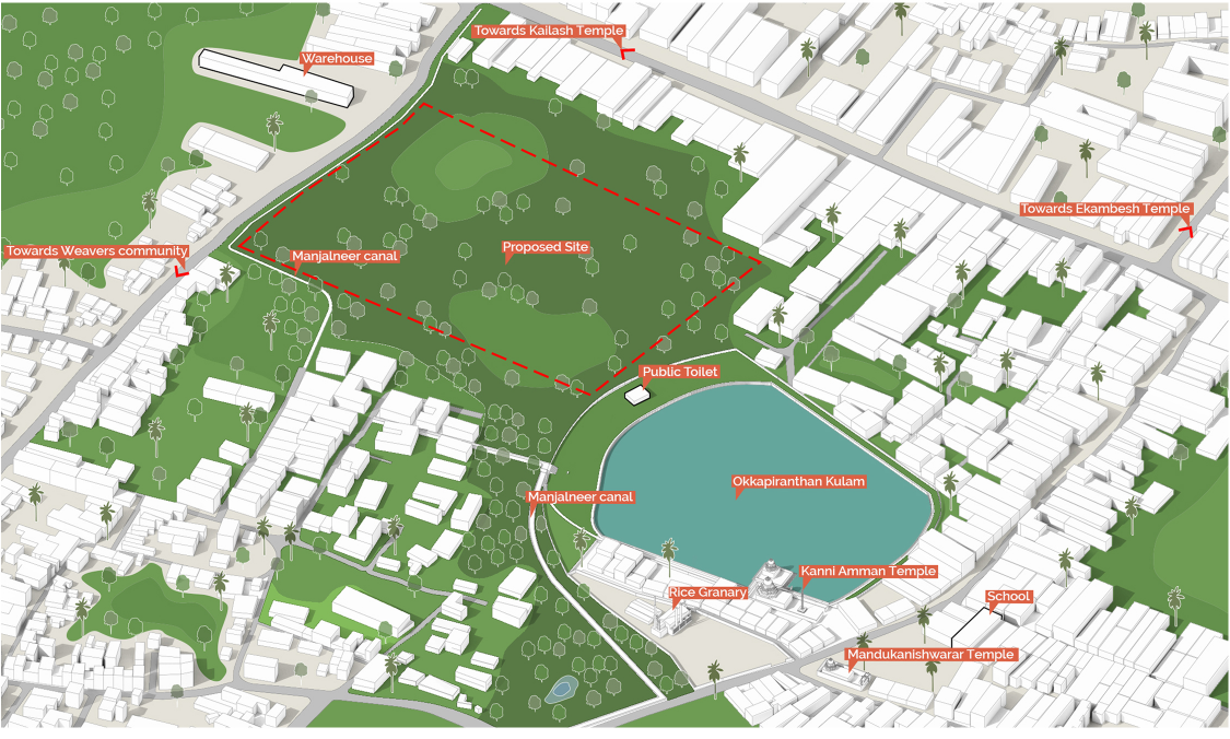 Axonometric site plan showing a proposed building footprint beside a large water body and surrounding context