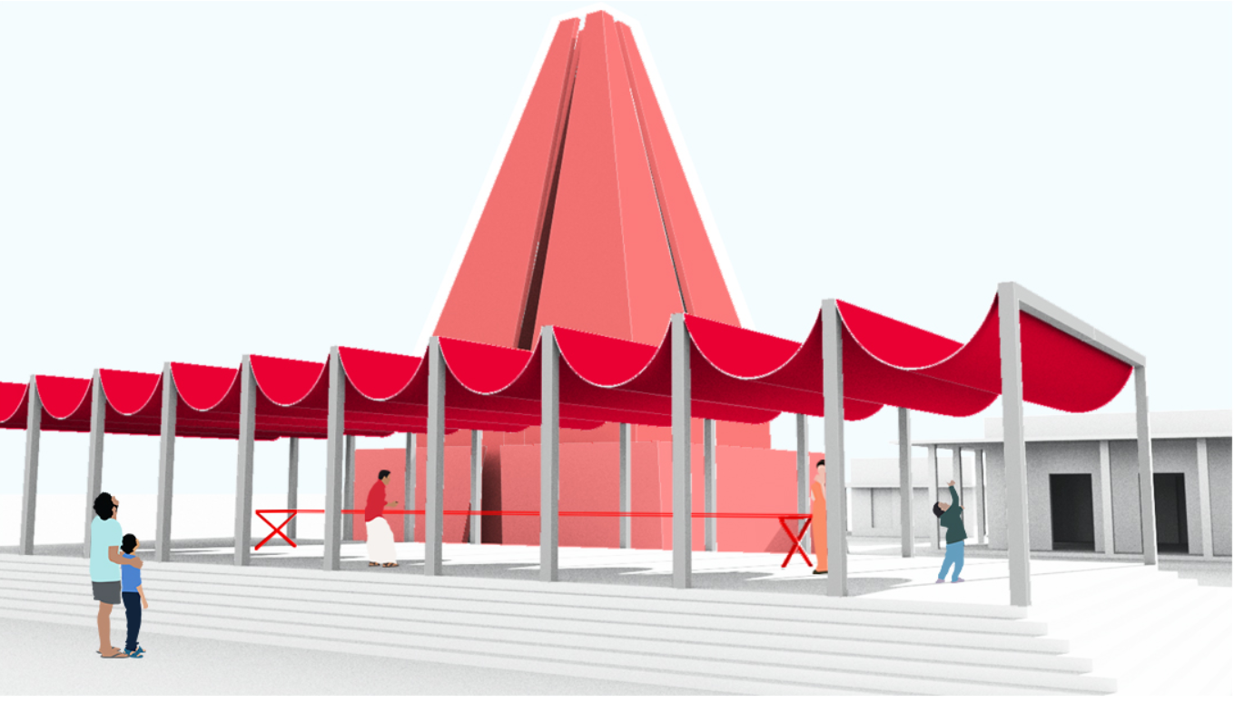 Rendering of a covered plaza with red fabric canopies and people gathered beneath a pyramidal tower