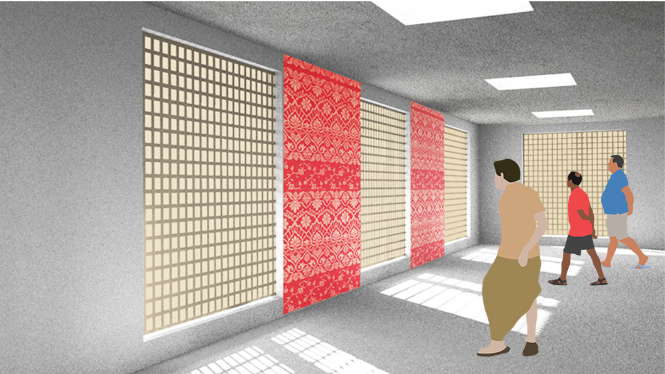 Interior corridor with alternating patterned screens and visitors walking beneath recessed ceiling lights