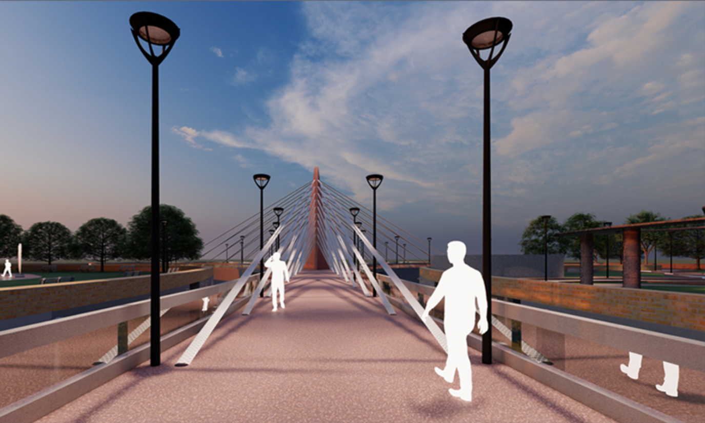 Pedestrian bridge with white cable stays and silhouette figures under evening sky